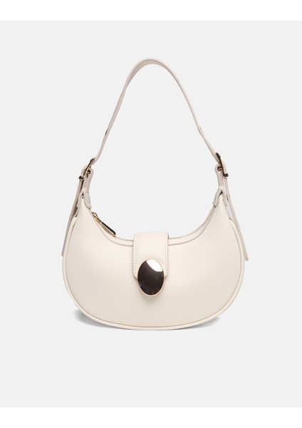 Bag Oval Charm Krem Suni Deri Fermuarlı Baget Kadın Omuz Çantası Gizli Gözlü Askılı