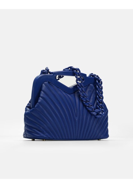 Bag Vivid Chain Lacivert/mavi Suni Deri Zincir Askılı Klips Kapamalı Kadın El ve Omuz Çantası