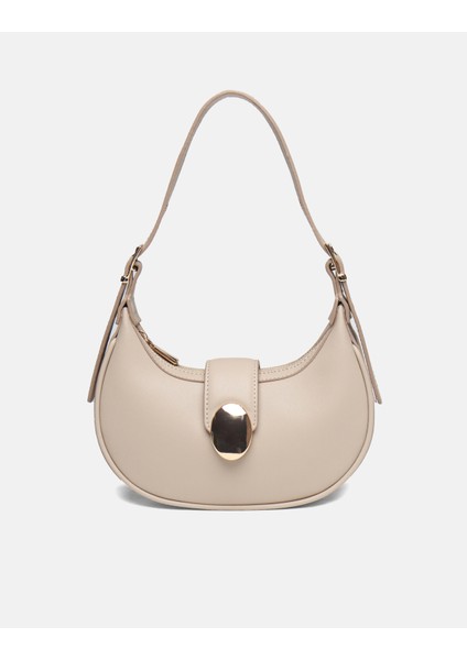 Bag Oval Charm Vizon/krem Suni Deri Fermuarlı Baget Kadın Omuz Çantası Gizli Gözlü Askılı