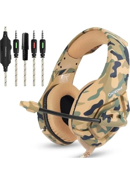 Gaming Profesyonel Oyuncu Kulaklığı Rgb 3.5mm, Kamuflaj Desenli Gamer Işıklı Kulaklık, K1B
