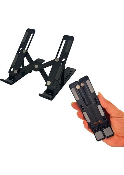 Coverzone Mini Metal Stand Katlanabilir Çantada Taşınabilir Folding Alüminyum 8 Kademeli Telefon ve Tablet Standı 13 cm Mini Dizayn | RT008 Siyah
