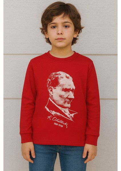 Atatürk Portre Baskılı Kırmızı Çocuk Uzun Kollu Tişört | %100 Pamuk | 6–12 Yaş