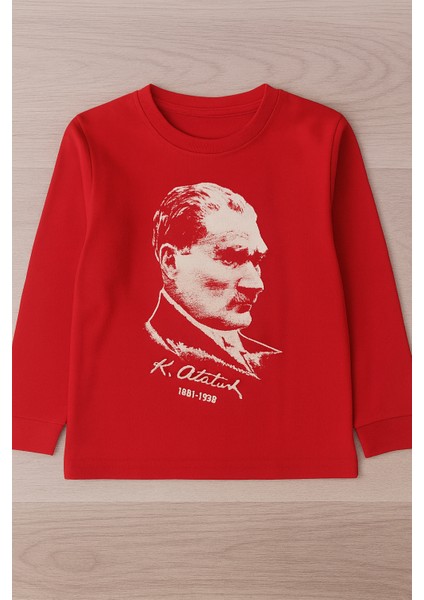 Atatürk Portre Baskılı Kırmızı Çocuk Uzun Kollu Tişört | %100 Pamuk | 6–12 Yaş fiyatları