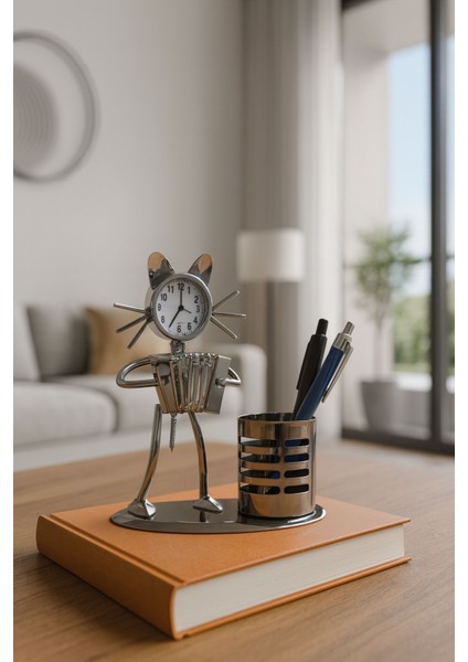 Metal Saat ve Kalemlik Akordeon Çalan Müzisyen Kedi Masa Üstü Kalemlik Casapetra fiyatları