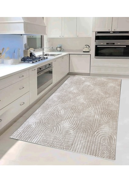 Yıkanabilir Leke Tutmaz Kaymaz Tabanlı Kesme Kabartmalı Salon Koridor Mutfak Halısı Bej