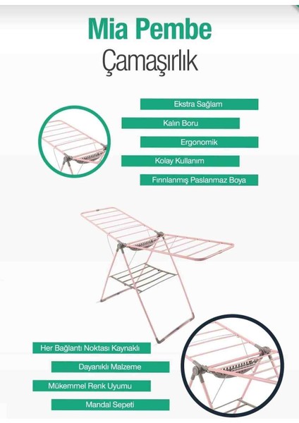 Egs Ticaret Vipas Mia Lux Kalın Borulu Mandal Sepetli Çamaşır Kurutmalığı-Pembe fiyatları