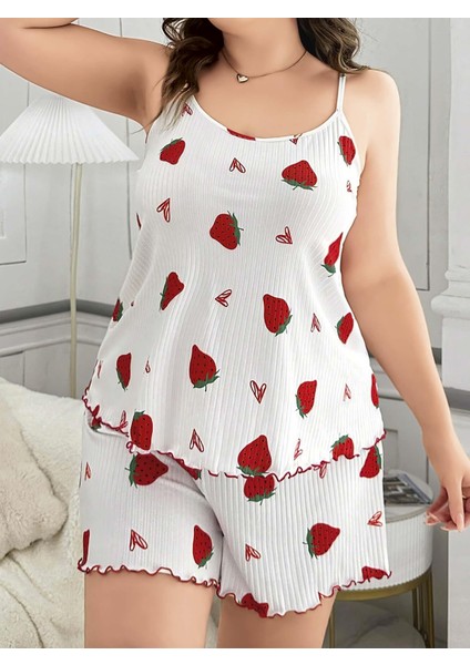 Büyük Beden Çilek Desen Pamuklu Şortlu Pijama Takımı fiyatları