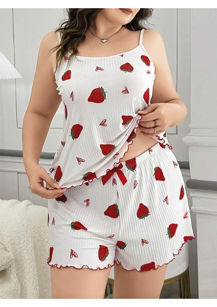 Büyük Beden Çilek Desen Pamuklu Şortlu Pijama Takımı modelleri