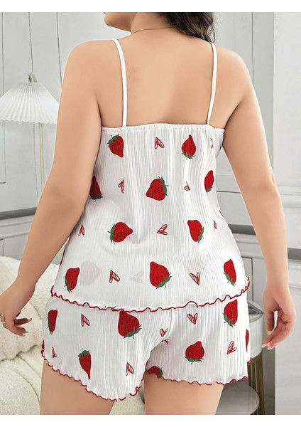 Büyük Beden Çilek Desen Pamuklu Şortlu Pijama Takımı fırsatları