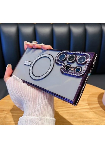 Samsung Galaxy S23 Ultra Kılıf Elmas Taşlı Tuşlu Şeffaf Kamera Lens Üstü Korumalı Magsafe Manyetik