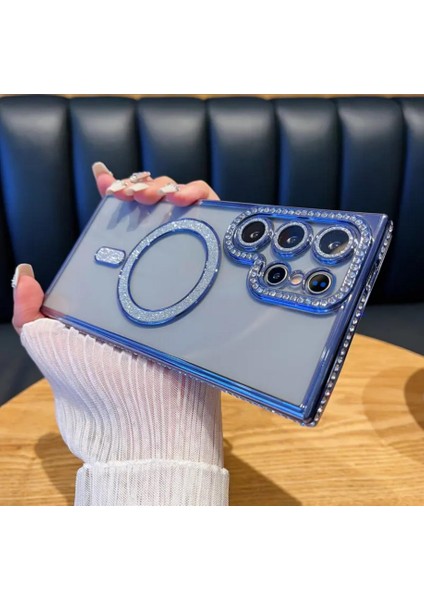 Samsung Galaxy S23 Ultra Kılıf Elmas Taşlı Tuşlu Şeffaf Kamera Lens Üstü Korumalı Magsafe Manyetik