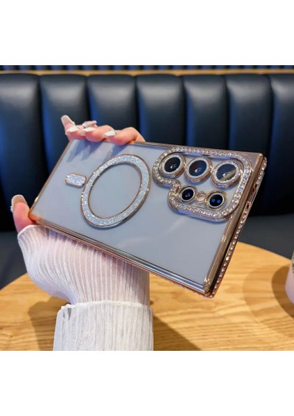 Samsung Galaxy S23 Ultra Kılıf Elmas Taşlı Tuşlu Şeffaf Kamera Lens Üstü Korumalı Magsafe Manyetik