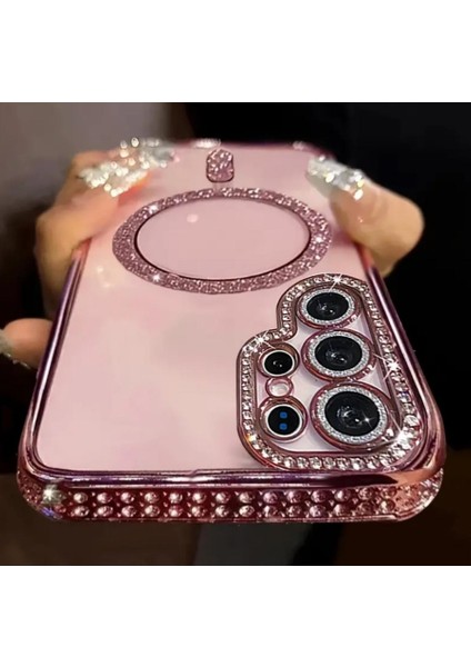 Samsung Galaxy S23 Ultra Kılıf Elmas Taşlı Tuşlu Şeffaf Kamera Lens Üstü Korumalı Magsafe Manyetik