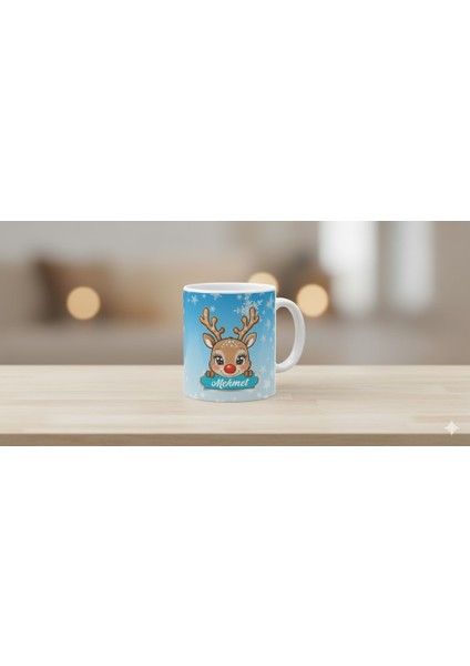 Noel Temalı Geyik Desenli , Yeni Yıl Hediyesi , Isim Baskılı Özel Üretim Kişiselleştirilebilir Porselen Kupa,