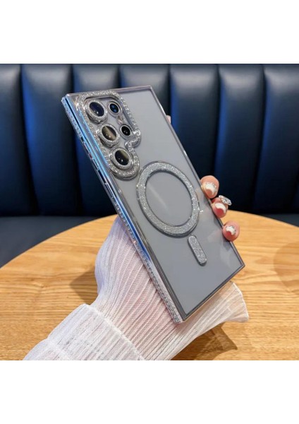 Samsung Galaxy S23 Ultra Kılıf Elmas Taşlı Tuşlu Şeffaf Kamera Lens Üstü Korumalı Magsafe Manyetik