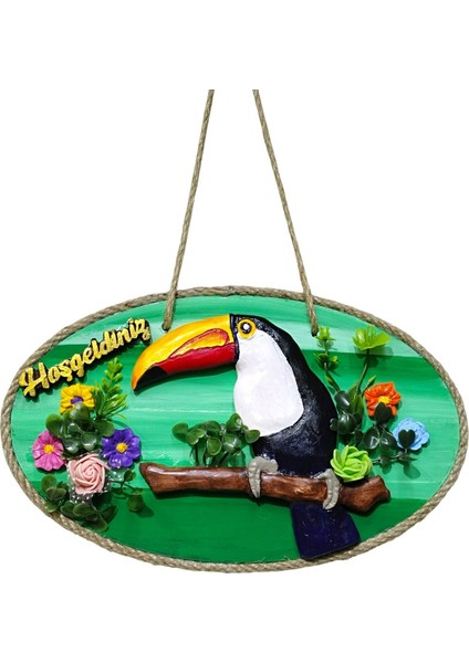 El Yapımı Tukan Figürlü Hoş Geldiniz Kapı Süsü – Renkli Tropikal Duvar ve Kapı Dekoru