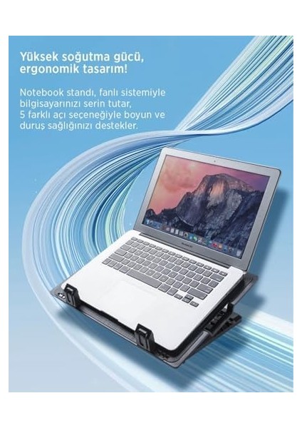 Ergostand Laptop Soğutucu Stand | 5 Kademeli Açılı Ergonomik Tasarım | 140MM Sessiz Fan | 2 Port USB Hub | 9-17' Notebook Uyumlu modelleri