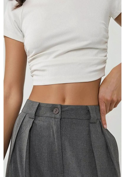 Kadın Yüksek Bel Palazzo Dokuma Pantolon Gri