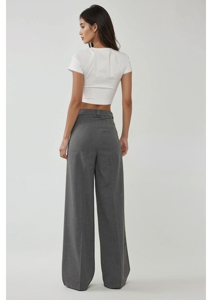 Kadın Yüksek Bel Palazzo Dokuma Pantolon Gri