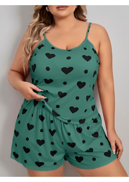 Büyük Beden Yeşil Kalp Desen Pamuklu Şortlu Pijama Takımı fiyatları