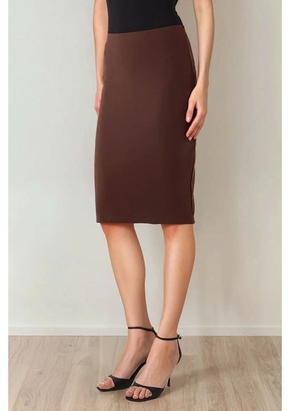 Kadın Yüksek Bel Bodycon Midi Örme Etek Brown