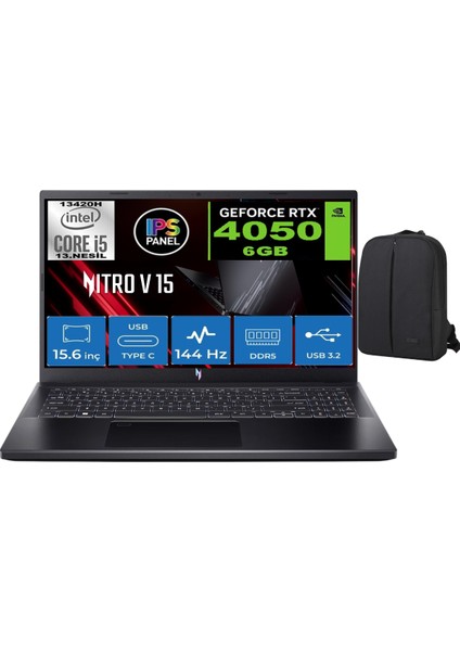Nitro V 15 Intel Core I5 13420H 24GB Ddr5 512 GB SSD RTX4050 (6gb) 15,6" IPS Fhd 144Hz WINDOWS11 & Çanta Hediyeli