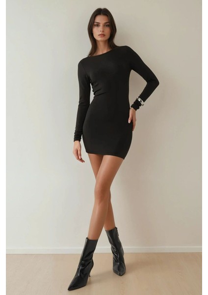 Kadın Sırtı Açık Bodycon Mini Elbise Siyah