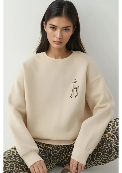 Kadın Rahat Hayvan Nakışlı Şardonlu Bisiklet Yaka Hoodie Natural