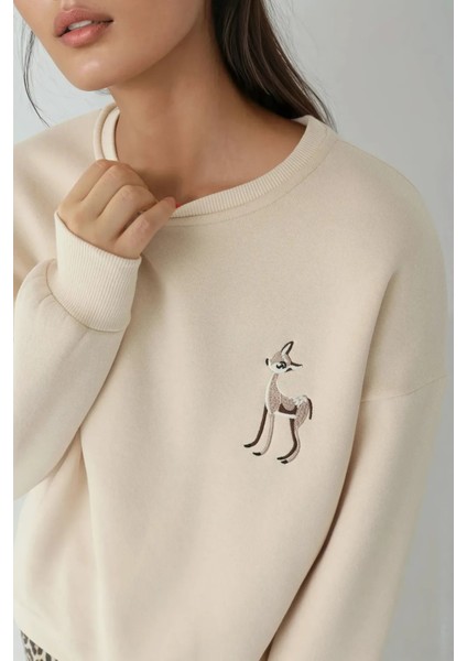 Kadın Rahat Hayvan Nakışlı Şardonlu Bisiklet Yaka Hoodie Natural