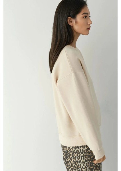 Kadın Rahat Hayvan Nakışlı Şardonlu Bisiklet Yaka Hoodie Natural