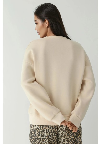 Kadın Rahat Hayvan Nakışlı Şardonlu Bisiklet Yaka Hoodie Natural