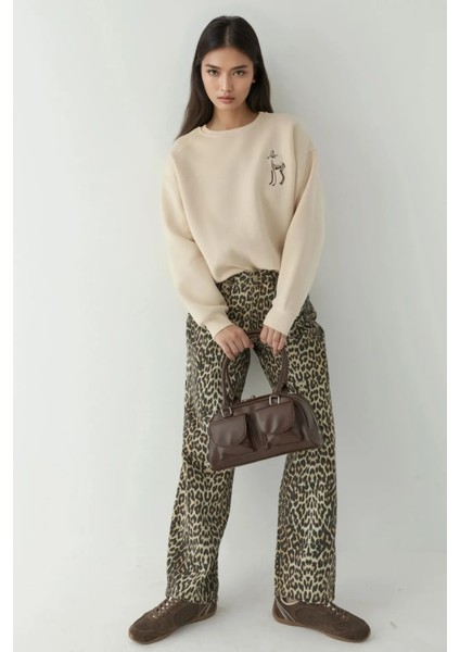 Kadın Rahat Hayvan Nakışlı Şardonlu Bisiklet Yaka Hoodie Natural