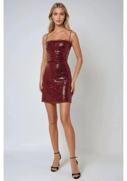 Kadın Kare Yaka Payetli Mini Bodycon Elbise Bordo Kırmızı