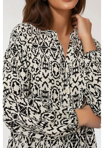 Kadın Gömlek Yaka Desenli Modest Elbise Black