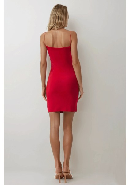 Kadın Kare Yaka Bodycon Sandy Mini Elbise Kırmızı