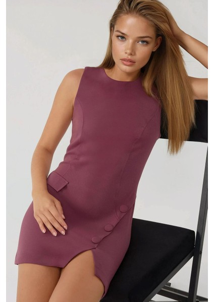 Kadın Düğmeli Fitted Bisiklet Yaka Mini Elbise Leylak Moru