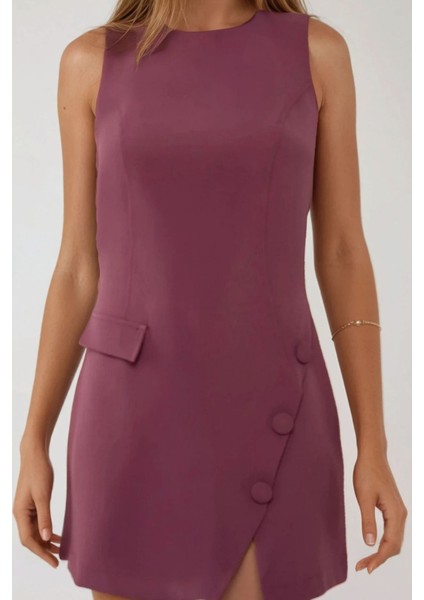 Kadın Düğmeli Fitted Bisiklet Yaka Mini Elbise Leylak Moru