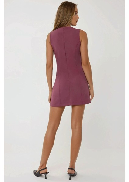 Kadın Düğmeli Fitted Bisiklet Yaka Mini Elbise Leylak Moru