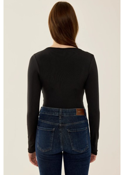 Kadın V Yaka Uzun Kollu Slim Fit Bodysuit Black