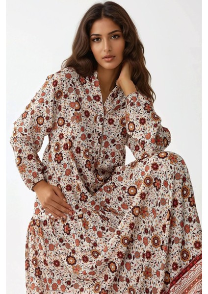 Kadın Düğmeli Baskılı V Yaka Modest Elbise Multicolor