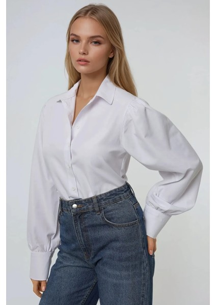 Kadın Klasik Uzun Kollu Pamuklu Gömlek White
