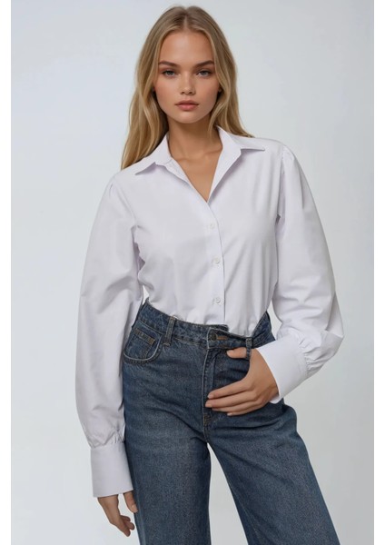 Kadın Klasik Uzun Kollu Pamuklu Gömlek White