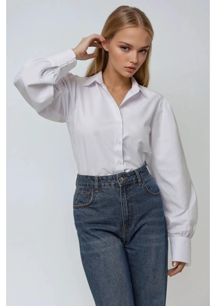 Kadın Klasik Uzun Kollu Pamuklu Gömlek White