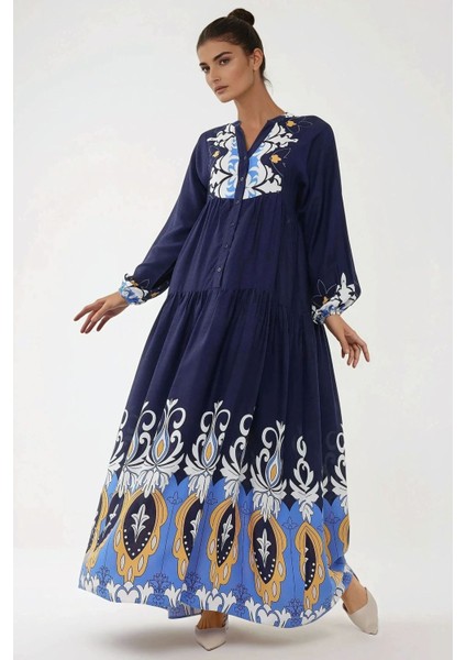 Kadın Baskılı Uzun Kol Viskon Modest Elbise Blue