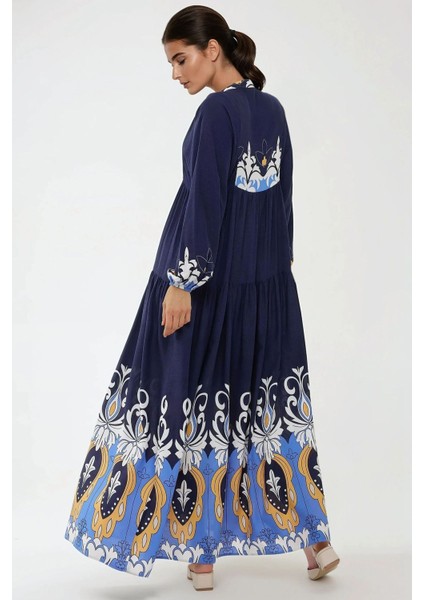 Kadın Baskılı Uzun Kol Viskon Modest Elbise Blue