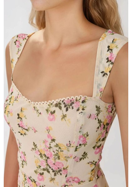 Kadın Kalp Yaka Puantiyeli Mini Tül Elbise Allık Pembe