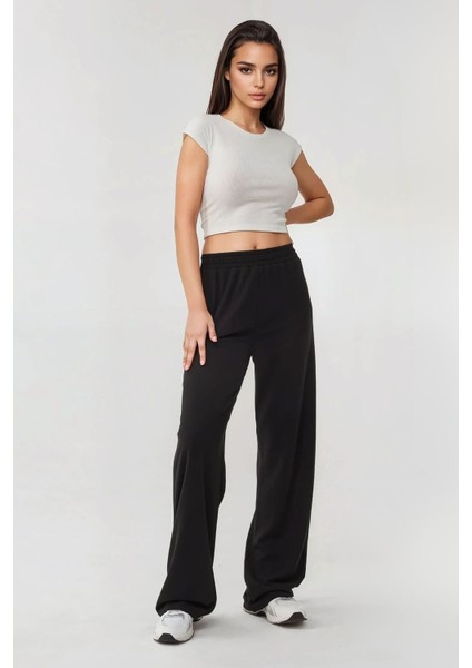 Kadın Esnek Bel ile Geniş Paça Örme Pantolon Siyah