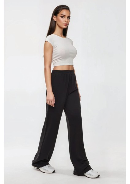 Kadın Esnek Bel ile Geniş Paça Örme Pantolon Siyah
