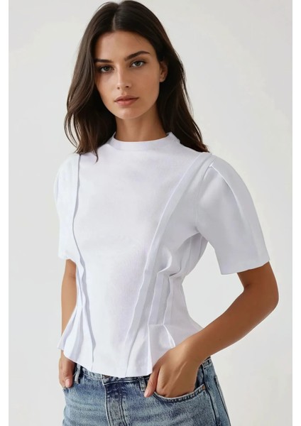 Kadın Fitted Bisiklet Yaka Tişört Beyaz