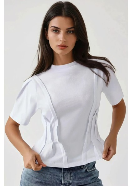 Kadın Fitted Bisiklet Yaka Tişört Beyaz